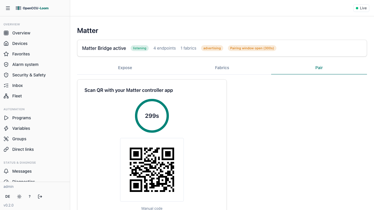 The Matter view's Pair tab with an open commissioning window: a countdown ring, the setup QR code to scan, and the manual pairing code below it.
