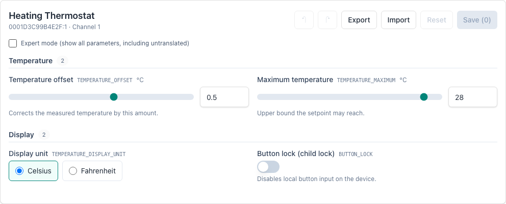 A channel configuration form with grouped, labelled parameters: a temperature offset slider, a maximum-temperature slider, a display-unit selector, and a child-lock toggle, plus Export/Import/Reset/Save controls.