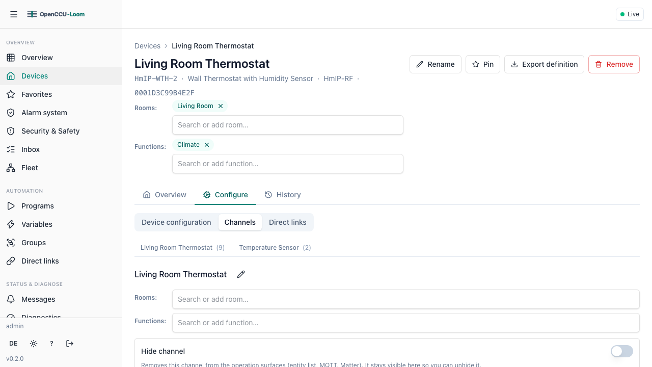 The device detail view for a wall thermostat: header with model and address, the Overview/Configure/History tabs, the channel selector strip, and a channel's configuration parameters.