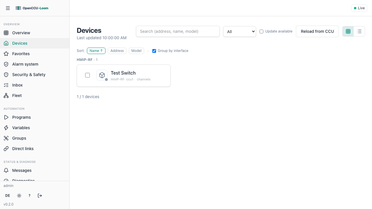 The OpenCCU-Loom web UI: the navigation sidebar on the left and the Devices view listing discovered devices grouped by interface.