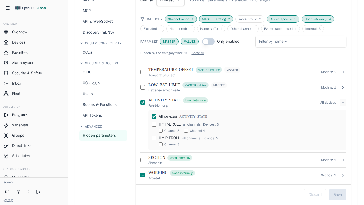 The Hidden parameters tab: category filter chips with counts, the search box, and a parameter row expanded to show its device models and channels.